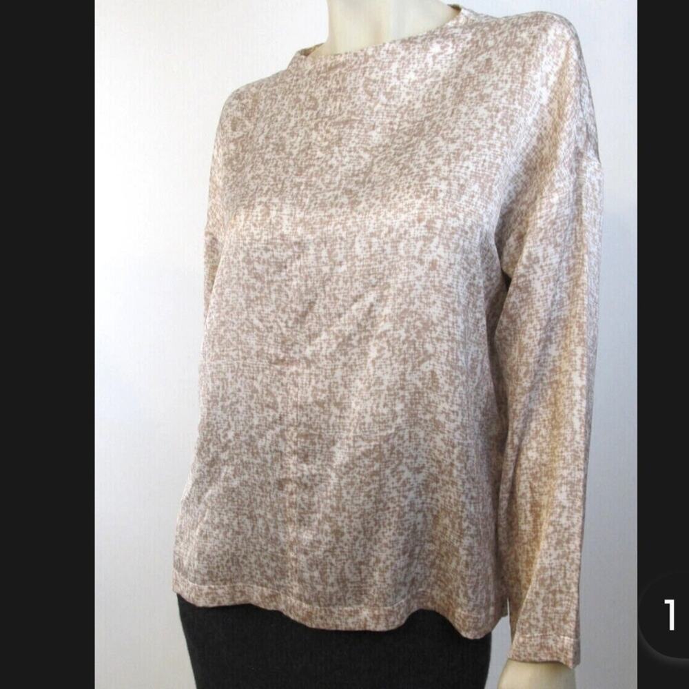 Eileen Fisher Silk Blend Long Sleeve Blouse Large Tan